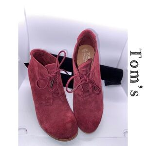 Toms Women's Size 7.5 Lunata Burgundy Suede Block Heel Lace-Up Ankle Booties-GUC